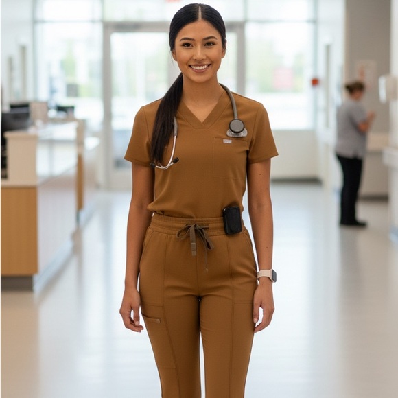 Figs Women's Tan Short Sleeve Scrub Top - Picture 2 of 12